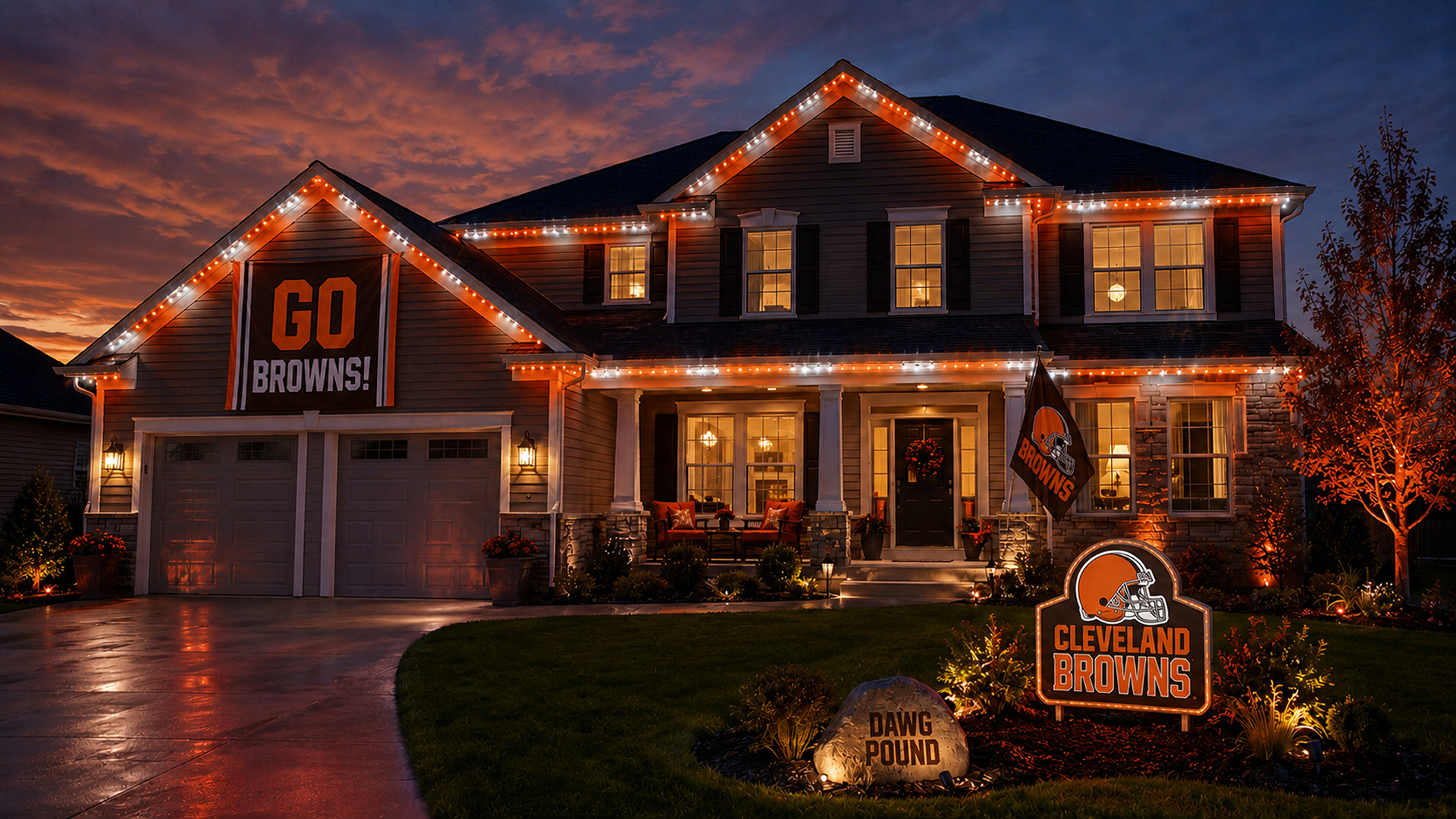 Northeast Ohio home at dusk with permanent roofline lighting in Cleveland Browns-inspired orange and white, plus football-themed yard decor, flags, and fan signage. Northeast Ohio home at dusk with permanent roofline lighting in Cleveland Browns-inspired orange and white, plus football-themed yard decor, flags, and fan signage.