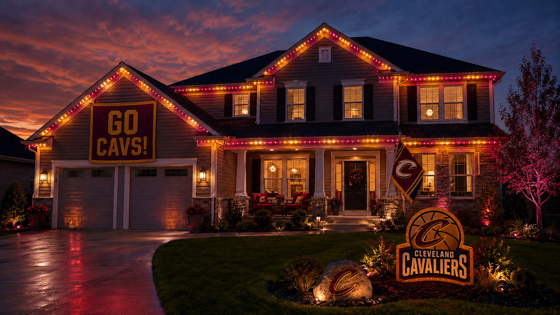 Northeast Ohio home at dusk with Cleveland Cavaliers-inspired wine, gold, and navy roofline lighting, basketball-themed yard decor, fan flags, and glowing game-day curb appeal. Northeast Ohio home at dusk with Cleveland Cavaliers-inspired wine, gold, and navy roofline lighting, basketball-themed yard decor, fan flags, and glowing game-day curb appeal.