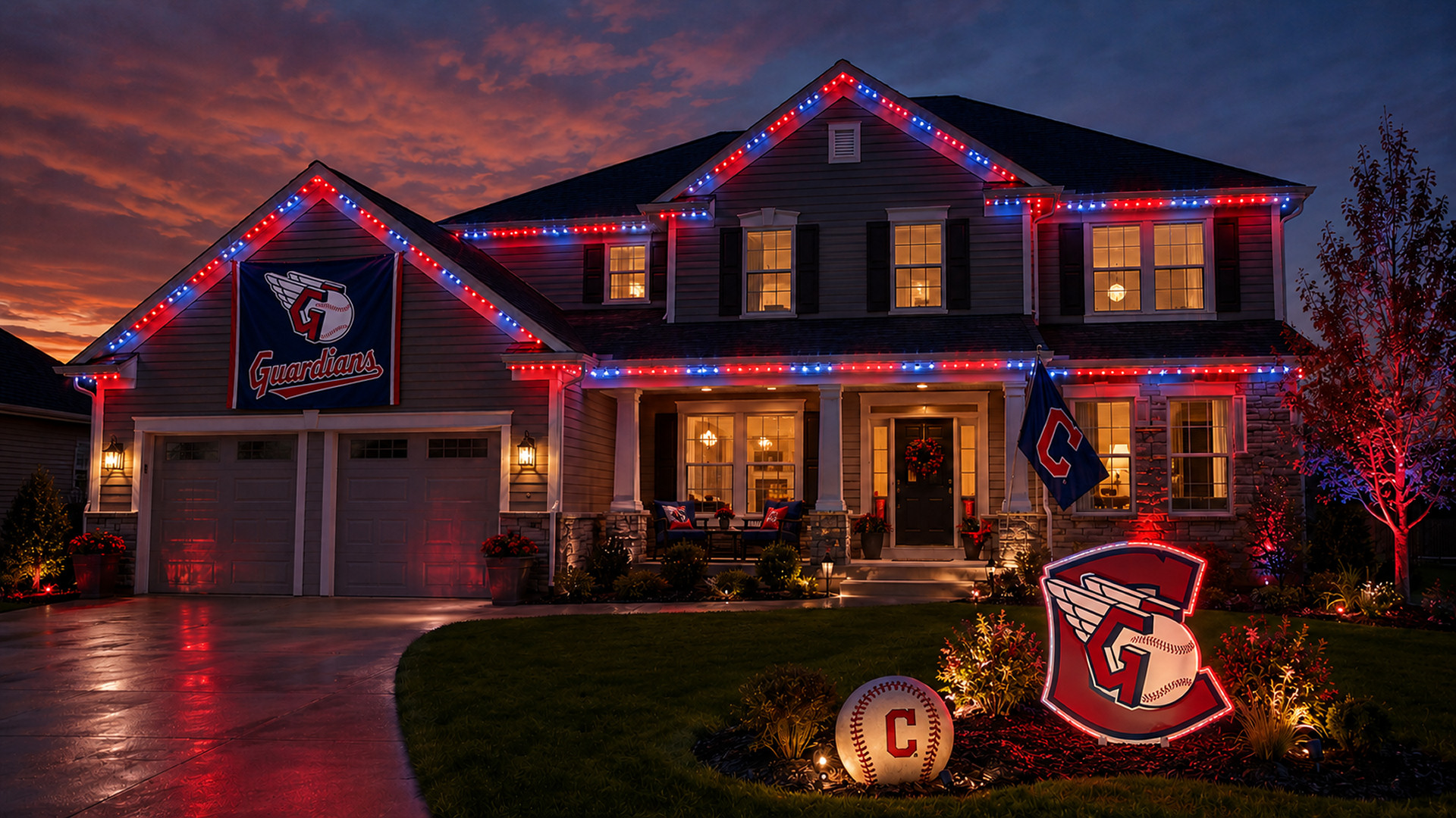 Northeast Ohio home at dusk with Cleveland Guardians-inspired red, navy, and white permanent roofline lighting, baseball-themed yard decor, fan flags, and glowing game-day curb appeal. Northeast Ohio home at dusk with Cleveland Guardians-inspired red, navy, and white permanent roofline lighting, baseball-themed yard decor, fan flags, and glowing game-day curb appeal.