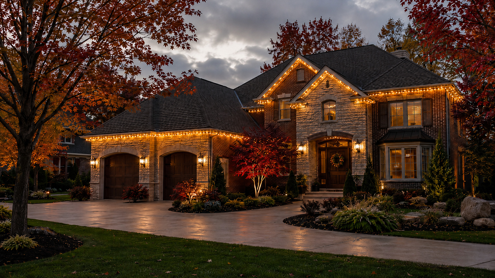 Permanent roofline lights on a Northeast Ohio home with fall foliage colors including amber, gold, orange, red, and copper Permanent roofline lights on a Northeast Ohio home with fall foliage colors including amber, gold, orange, red, and copper