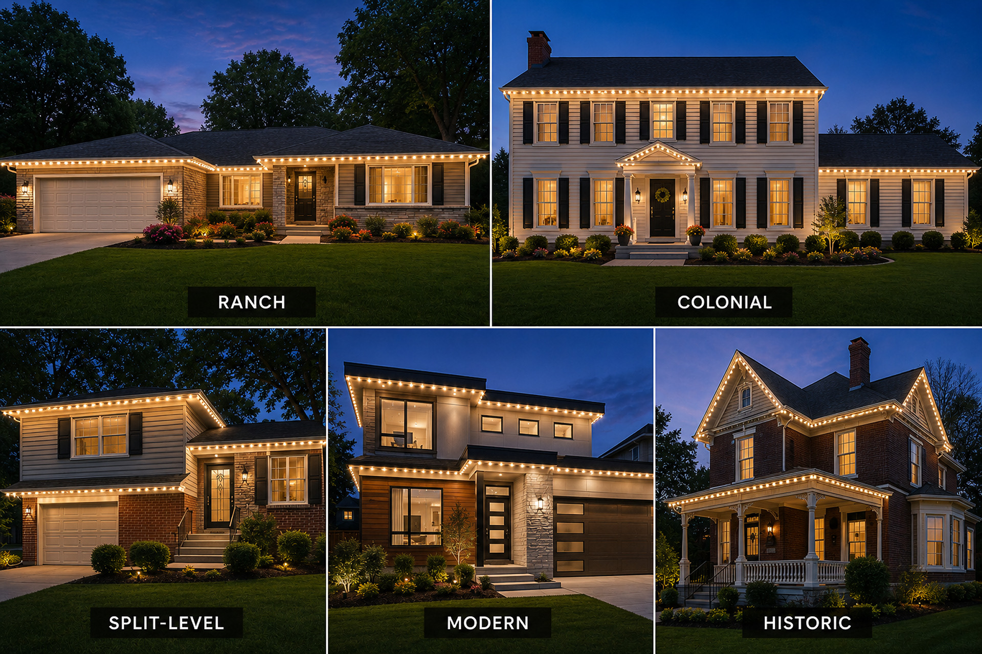 Composite image showing five home styles at dusk - Ranch, Colonial, Split-Level, Modern, and Historic - each featuring warm permanent roofline lighting and enhanced curb appeal Composite image showing five home styles at dusk - Ranch, Colonial, Split-Level, Modern, and Historic - each featuring warm permanent roofline lighting and enhanced curb appeal