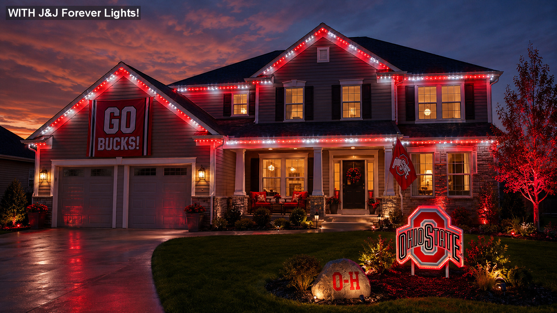 Vibrant Northeast Ohio home at twilight with scarlet, white, and gray permanent roofline lighting, spirited game-day decor, glowing windows, and polished curb appeal Vibrant Northeast Ohio home at twilight with scarlet, white, and gray permanent roofline lighting, spirited game-day decor, glowing windows, and polished curb appeal