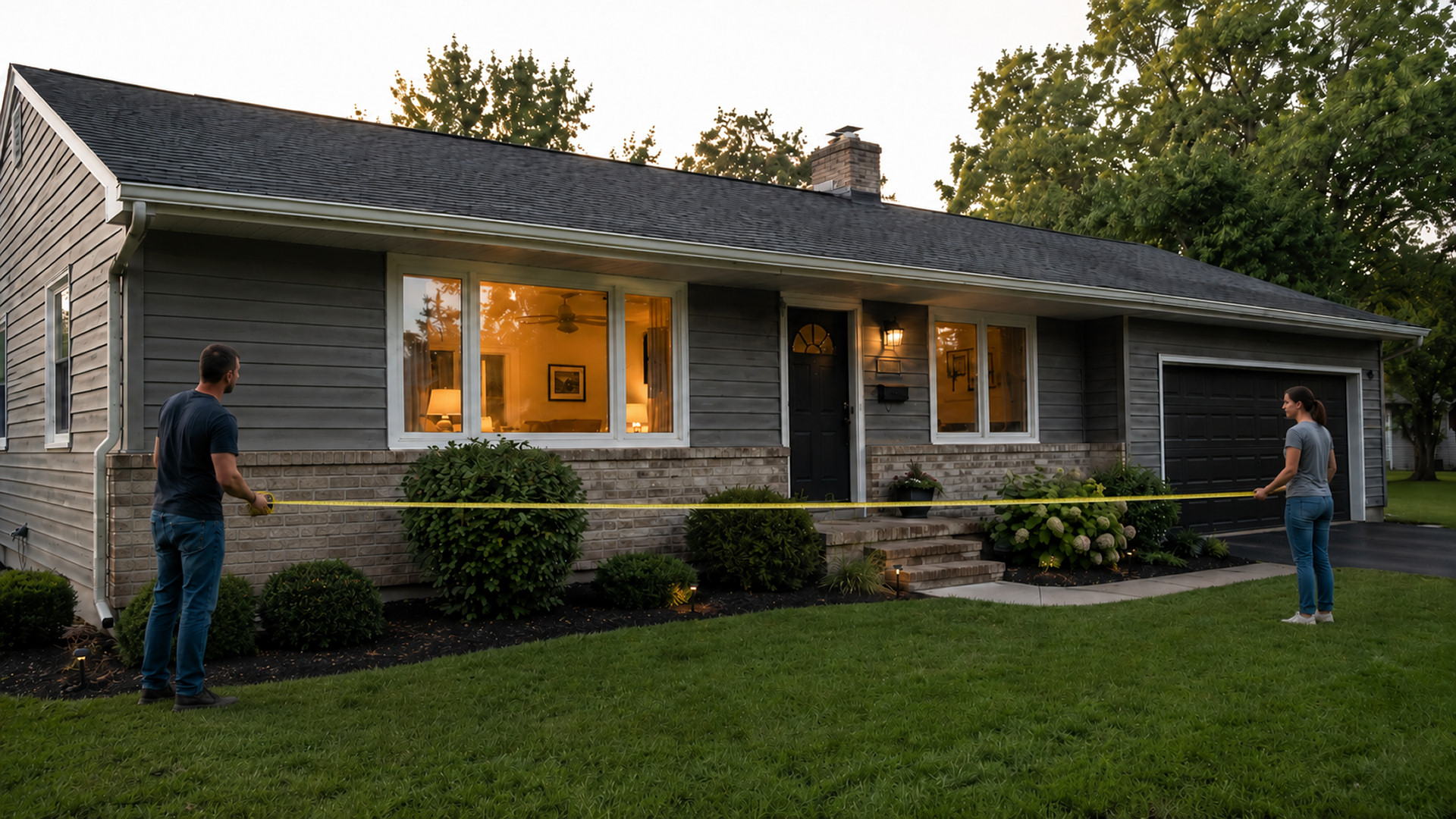 Two homeowners measuring the front of a ranch-style home from the ground with a tape measure to estimate roofline lighting footage Two homeowners measuring the front of a ranch-style home from the ground with a tape measure to estimate roofline lighting footage