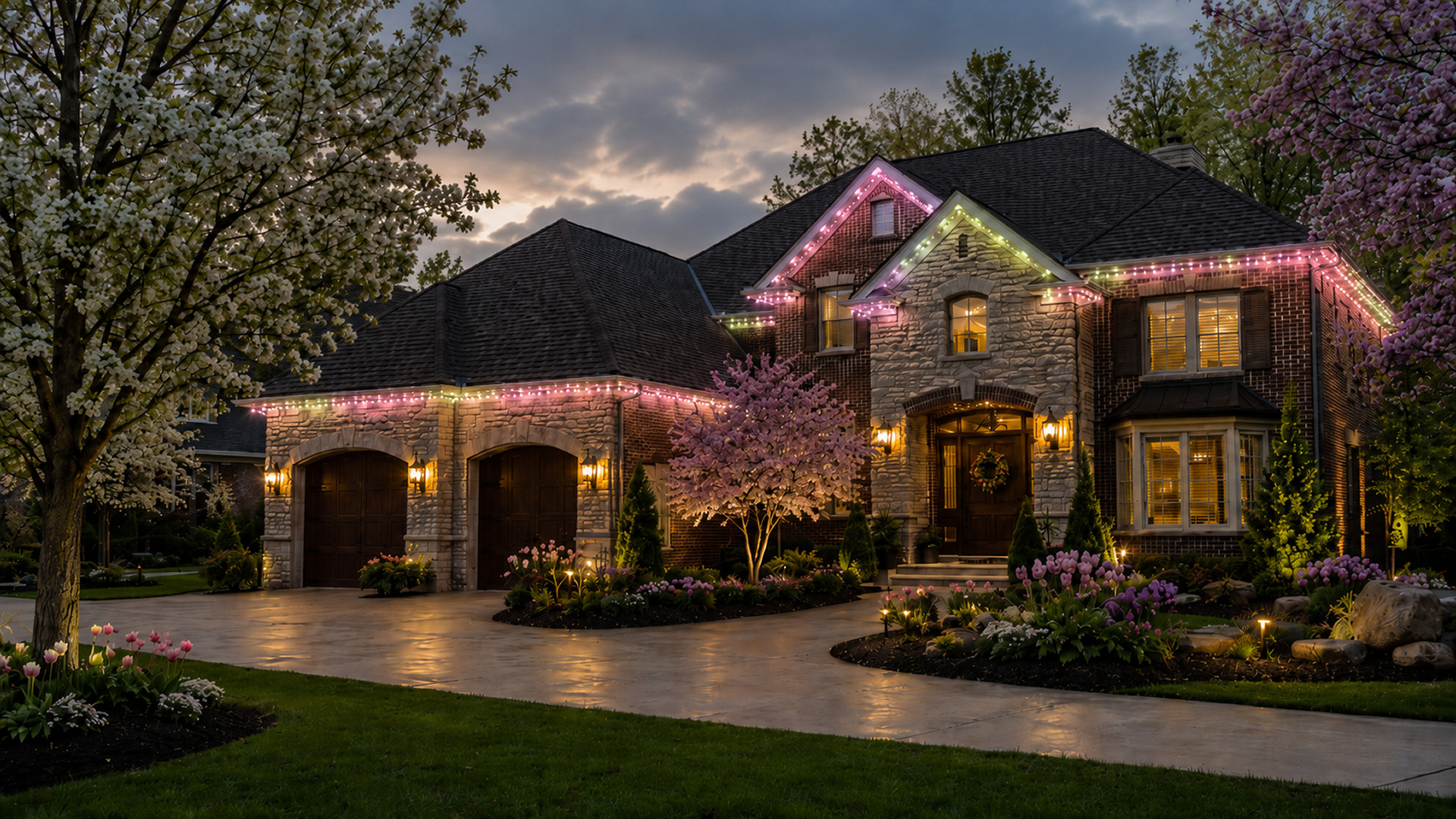 Northeast Ohio home at dusk with pastel spring-colored permanent roofline lighting matching blooming trees and fresh seasonal landscaping Northeast Ohio home at dusk with pastel spring-colored permanent roofline lighting matching blooming trees and fresh seasonal landscaping