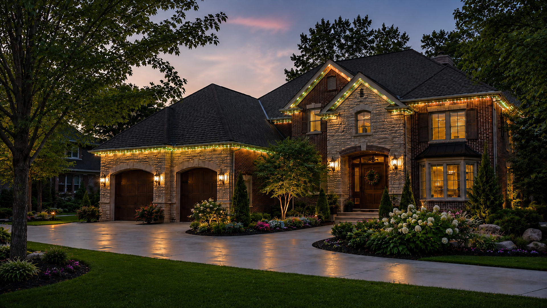 Permanent outdoor roofline lighting on a Northeast Ohio home during a colorful summer evening Permanent outdoor roofline lighting on a Northeast Ohio home during a colorful summer evening