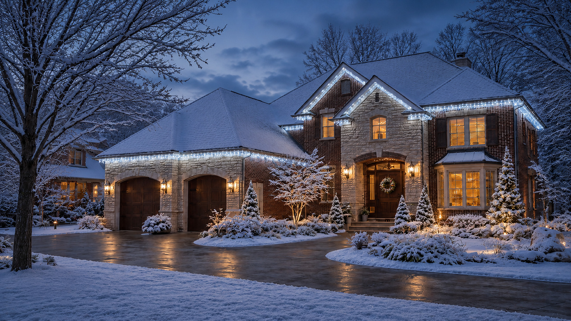Permanent holiday roofline lighting on a Northeast Ohio home with snow, winter landscaping, and warm evening curb appeal Permanent holiday roofline lighting on a Northeast Ohio home with snow, winter landscaping, and warm evening curb appeal