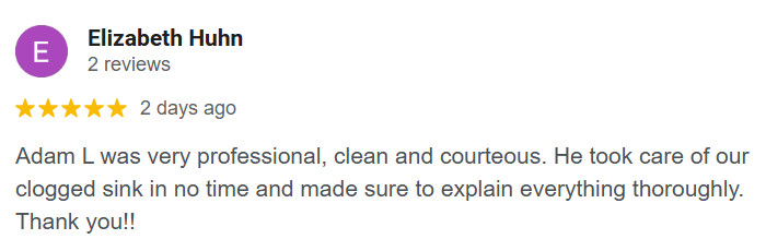 Adam L. unclogs a sink and gives thorough service.