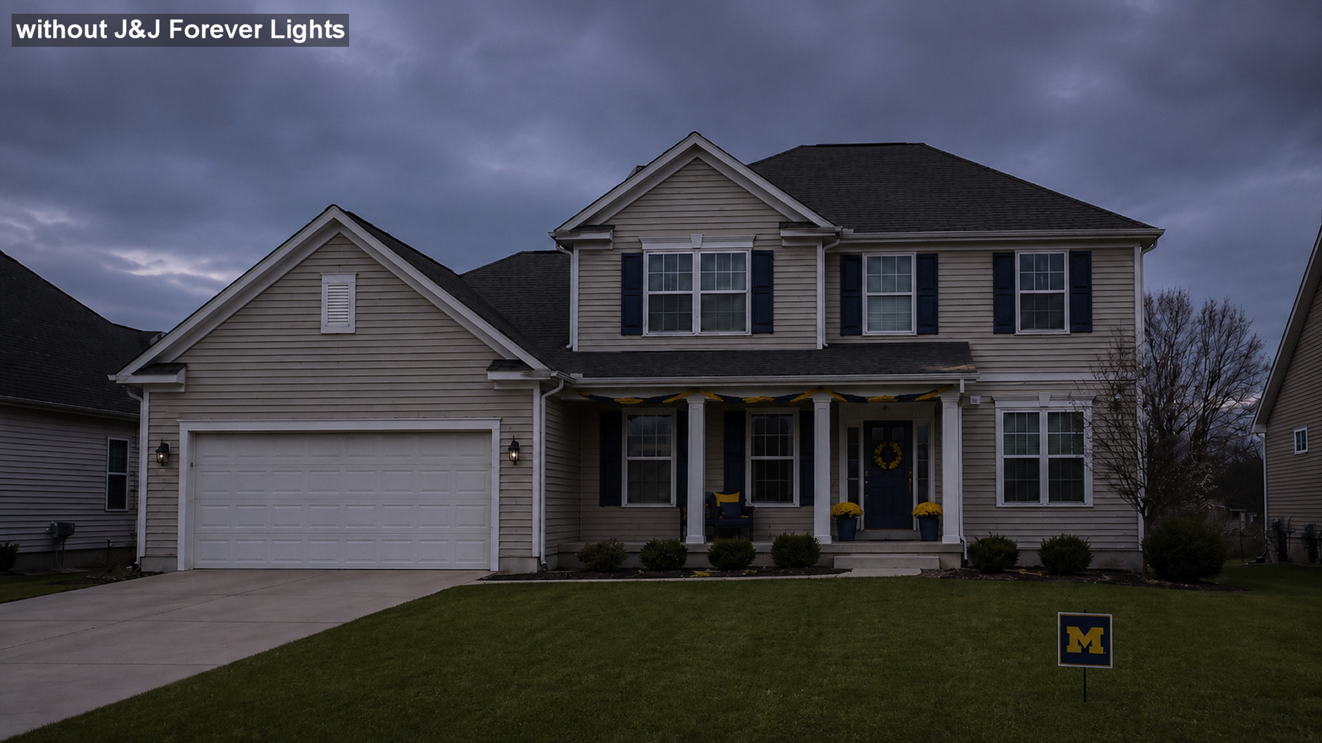 Plain Northeast Ohio home at dusk with subtle maize and navy decor, no exterior lighting, muted curb appeal, and a lonely yard sign in the lawn Plain Northeast Ohio home at dusk with subtle maize and navy decor, no exterior lighting, muted curb appeal, and a lonely yard sign in the lawn